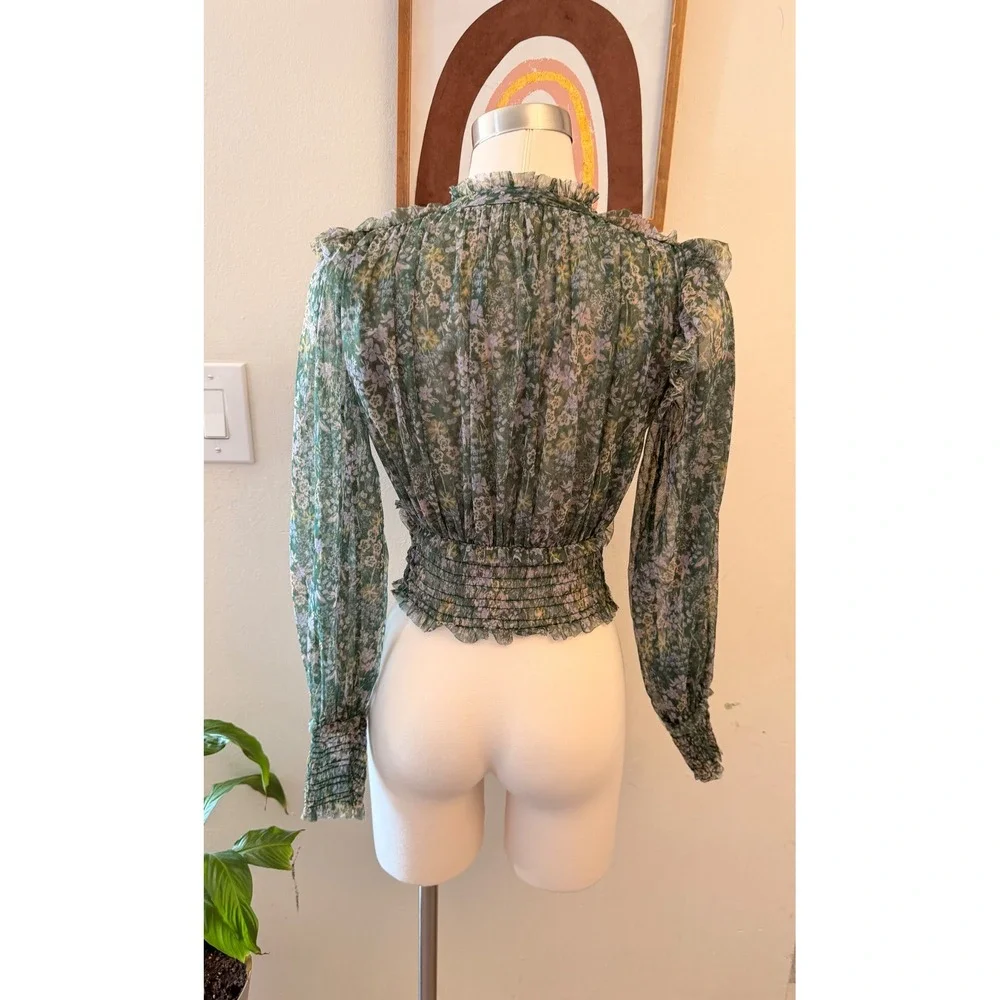 Free People Floral Mesh Crop Top Womens XS Green Boho Smocked Ruffle Blouse